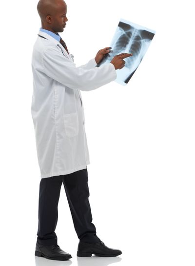 Professional surgeon, xray scan and black man with MRI...