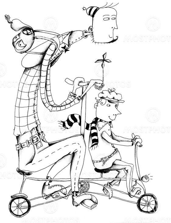 two men on tandem bicycle