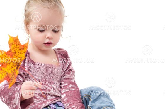 Toddler with maple leaves