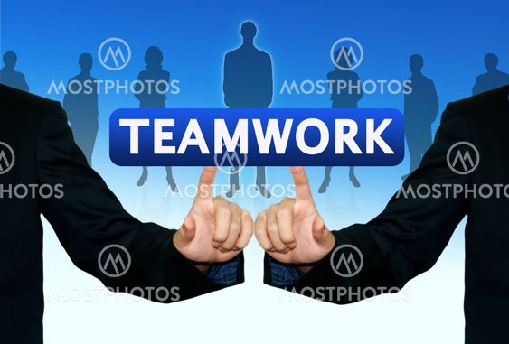 Man pushing the business word, teamwork