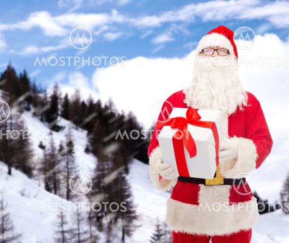 man in costume of santa claus with gift box