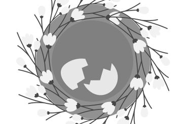 Blossom twigs Nest and Cracked Eggshell in grayscale....