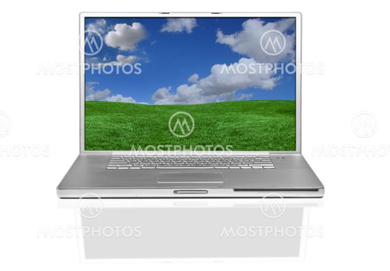 Silver Hip Laptop Computer With Beautiful Desktop Image
