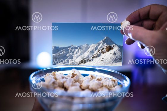 Enjoying Popcorn Snacks Watching TV Or Television