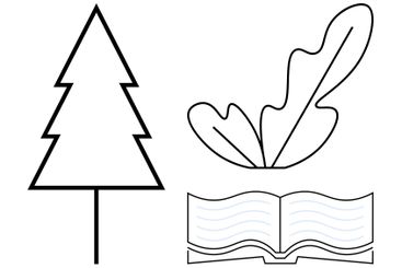 Minimalist Drawing of Pine Tree, Feather, and Open Book...