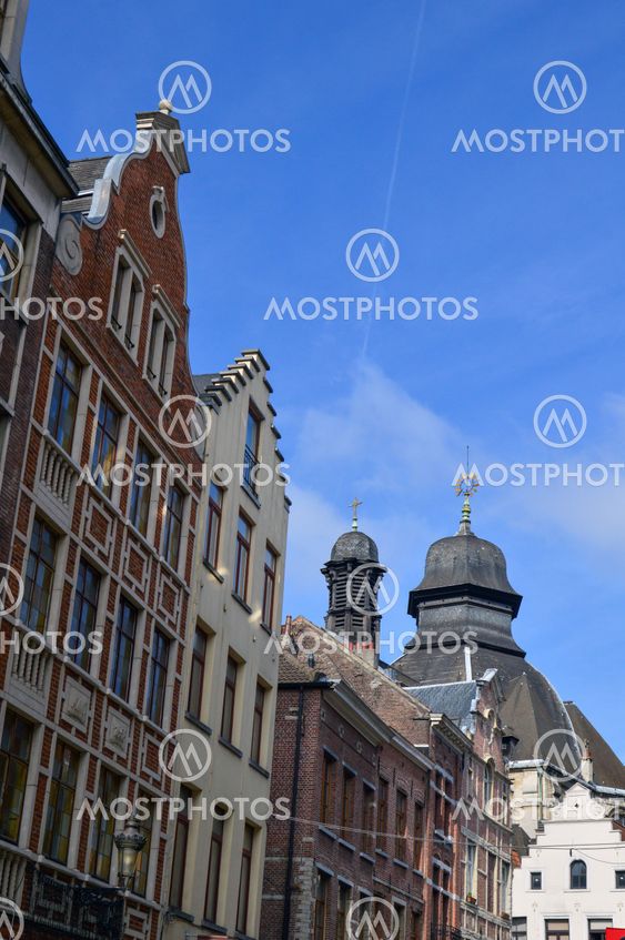 Brussels, Belgium - April 2015: Preserved old European-style residential and commercial buildings on streets of Brussels City, Belgium