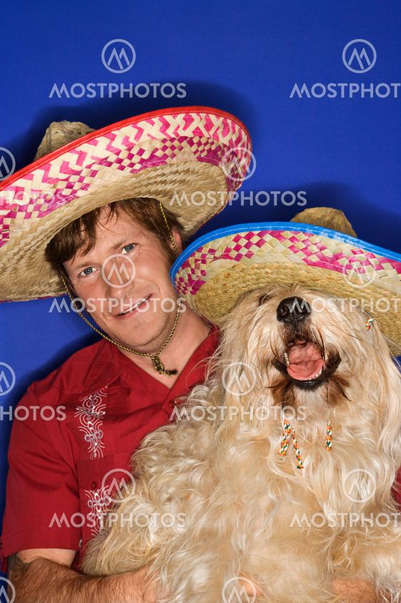 Dog and man wearing sombreros.