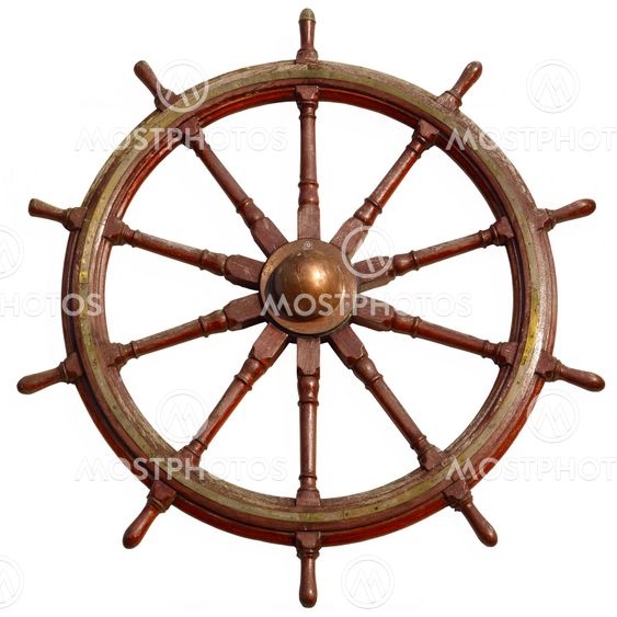Large wooden ship wheel, isolated on white.
