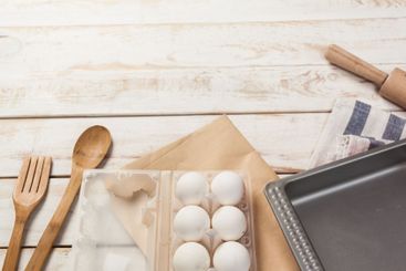 baking preparation, top view of a variety of baking...