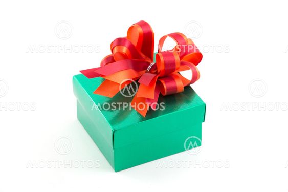Green gift box with red satin bow isolated on white background