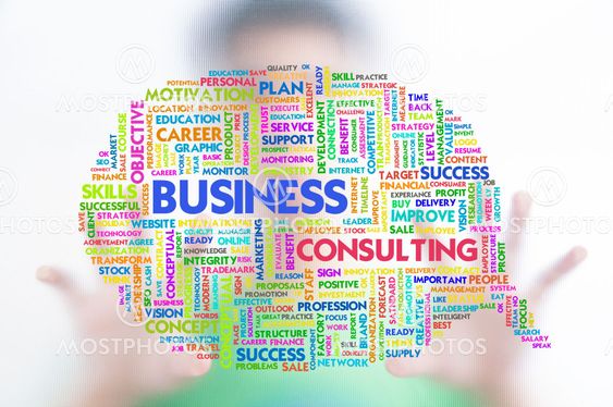 Business man with business word cloud on the screen,...