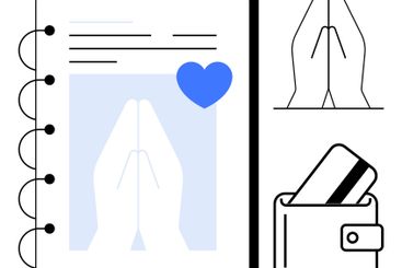 Notebook with prayer hands illustration, blue heart,...