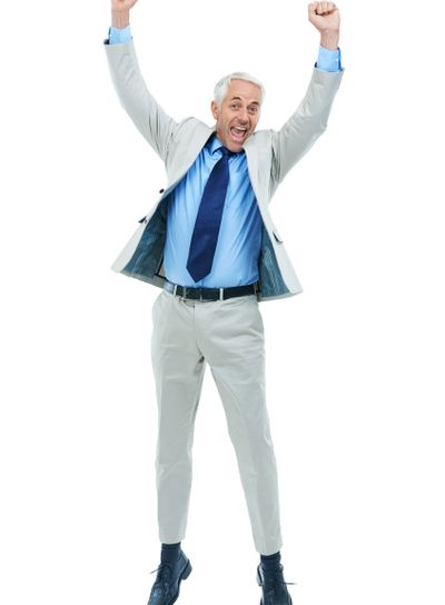 Business, portrait and man jump in studio for joy,...