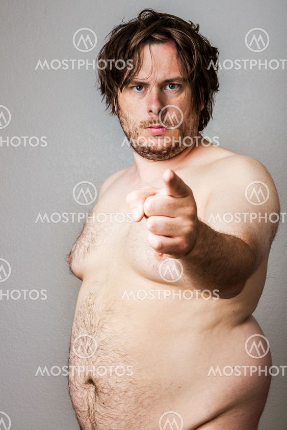 Fat naked man pointing firmly