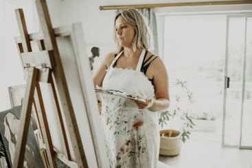 Art, painting and woman in home studio for creative...