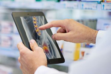 Doctor, tablet and hands or scan for diagnosis, check or...