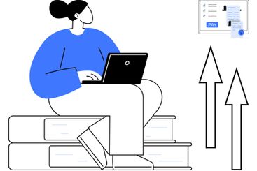 Woman Working on Laptop While Sitting on Books with...