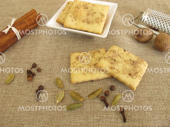 Salty crackers with coffee, cinnamon, cardamom, nutmeg,...