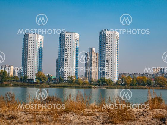High-rise residential buildings of the city on the lake.