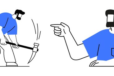 Worker using a pickaxe, man pointing angrily, and fly...