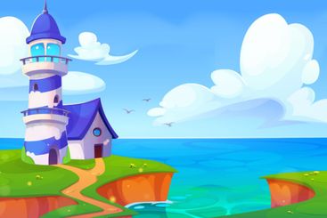 Cartoon lighthouse scene at seaside cliff