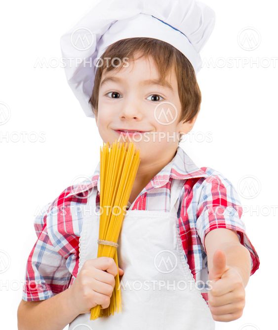 boy with raw spaghetti