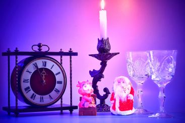 New year Christmas.Santa Claus. vintage clock, wine...