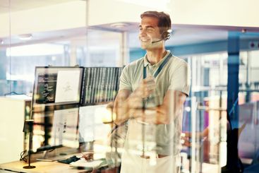 Control room, headset and smile with man in airport for...