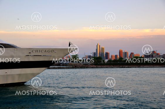 Chicago Sunset Framed by Ship