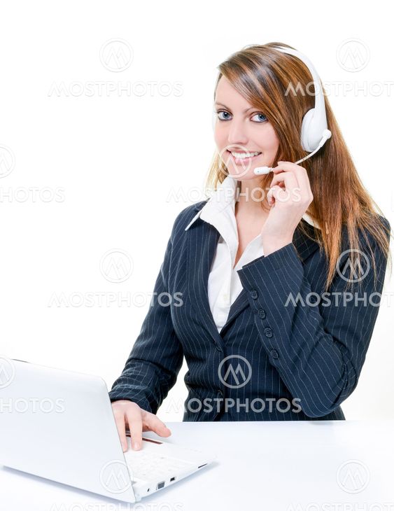 Smiling attractive woman on line in help desk