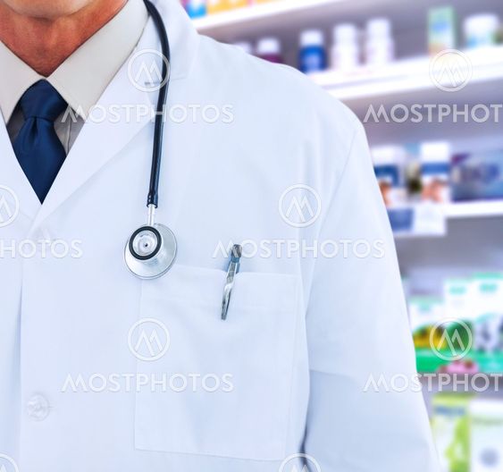 Composite image of doctor wearing lab coat