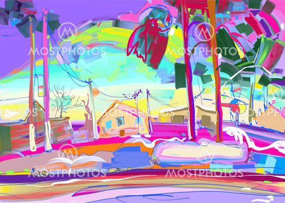 colorful original digital painting of rural winter...