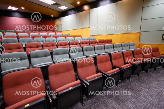 Lecture hall with colorful chairs in university