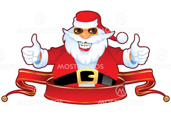 Cheerful Santa Claus in Sunglasses over Red Christmas Ribbon