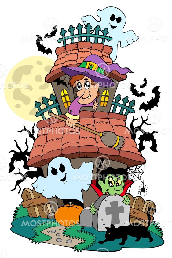 Haunted house with various characters