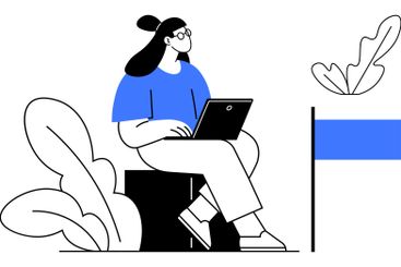 Woman Sitting with Laptop by Minimalist Plants and Flag