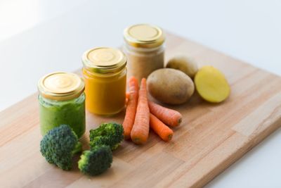 vegetable puree or baby food in glass jars