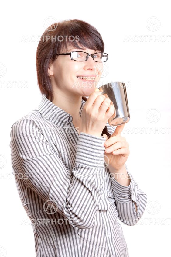 Woman with bracket isolated on white