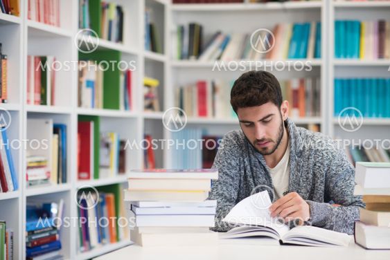 portrait of student while reading book in school library