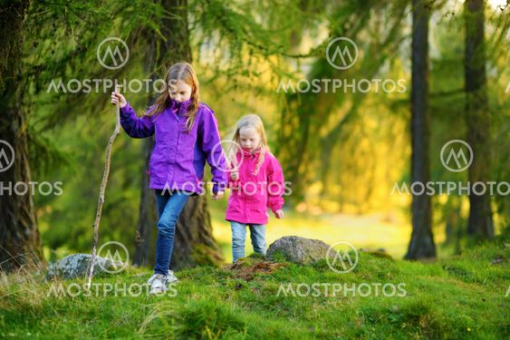 Two funny little sisters having fun during forest hike on...