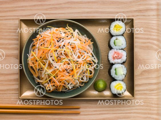 Daikon and Carrot Salad with Sesame Sushi and Wasabi