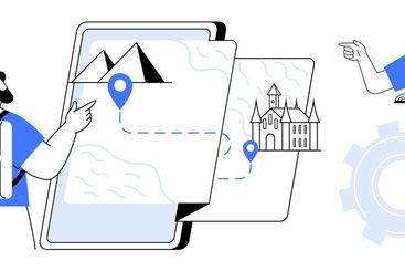 Journey planning with digital maps featuring travelers...