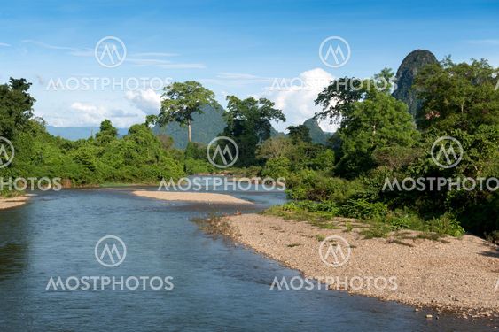 Landscape of Vang Vieng, popular tourist resort town in Lao PDR.