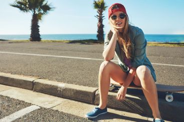 Vacation, promenade and woman with skateboard, adventure...