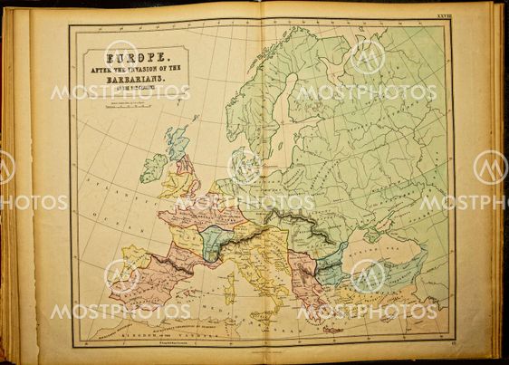 Europe. Ancient map of the world . Published by George Philip and son at London 1857 and are not subject to copyright.