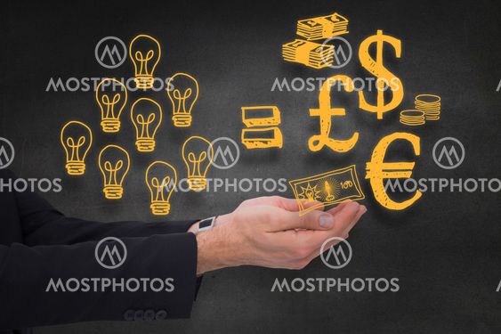 Composite image of businessman with arms out presenting something
