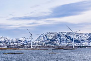 Wind turbines on the coast of the Norwegian Sea in Norway