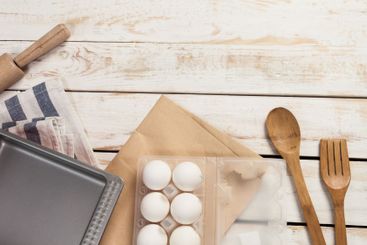 baking preparation, top view of a variety of baking...