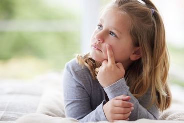 Girl, childhood and thinking in bedroom for relax,...