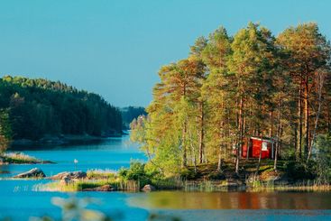 Sweden. Amazing Red Swedish Wooden Log Cabin House On...